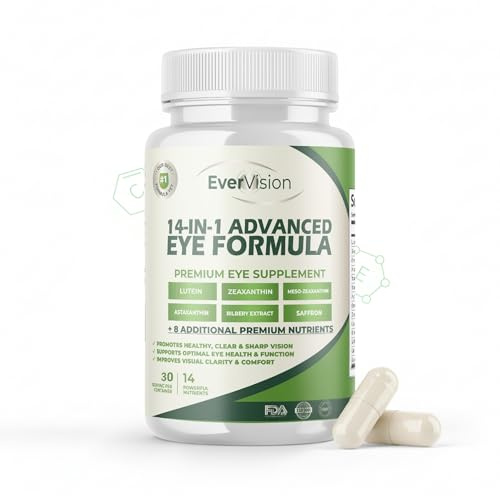 EverVision 14-in-1 Advanced Eye Formula AREDS 2 with Lutein and Zeaxanthin - 30 Vegan Capsules of Eye Vitamin Supplement with Astaxanthin, Saffron & Meso-Zeaxanthin - Perfect for Eye Health & Vision