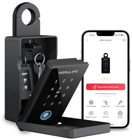 Populife Caja Seguridad Llaves Con Huella Digital, Caja Llaves Inteligente, Caja Llaves Con Acceso Remoto Inalámbrico Para Hogar, Oficina Y Airbnb Para Agentes Inmobiliarios, Funciona Sin Conexión