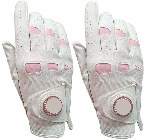 YUSUZH 2 stycken/1 par golfhandskar i läder kvinnor med bling boll märkpenna extra grepp vänster höger hand rosa passform kvinnor flickor golfare för vänster och höger hand (vit höger hand, L)