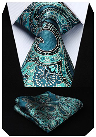 HISDERN Herren Krawatte Taschentuch Paisley Blumen Hochzeit Krawatte & Einstecktuch Set Aqua Blau