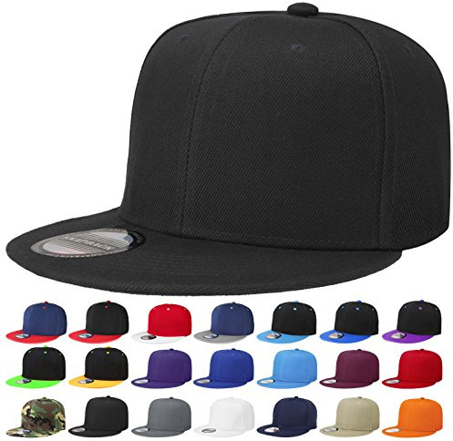 Falari Snapback Hat Cap Hip Hop Style Flat Bill Blank Solid Color Adjustable Size G201-01-Black
