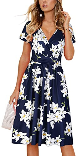 OUGES Robe d'été à Manches Courtes pour Femmes Col en V Robes Midi Décontractées