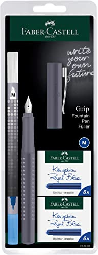 FABER-CASTELL - Stylo plume Grip 2010 Dapple Gray, plume M | Avec effaceur d'encre et 12 cartouches de rechange pour l'école et le quotidien