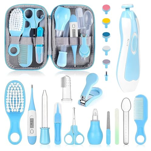 Kit de toilettage pour bébé, ensemble de soins de sécurité pour nourrissons avec brosse à cheveux, peigne, coupe-ongles, aspirateur nasal, kit essentiel pour nouveau-né filles garçons (bleu-20 en 1)