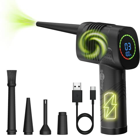 goobay Elektrische Staubgebläse, 3 Stufen, 2.000 mAh Akku, 35.000 U/min, Wiederaufladbares Druckluftspray, bis 90 min Betriebsdauer, Reinigung für PC, Sofa, Tastatur, Auto, Sofa, LED Display - 61667