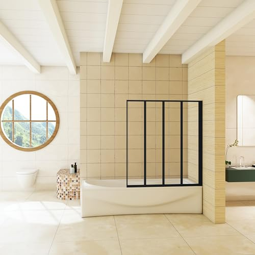 Ducha Casa Mampara de bañera plegable 4 hojas, perfil negro mate, 4mm cristal templado, 140x100cm