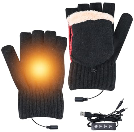 KAMEUN Beheizbare Handschuhe für Damen und Herren, Thermo Handschuhe mit Heizung, Heated Gloves mit USB Handwärmer, Halbfinger Strickhandschuhe für Drinnen und Draußen