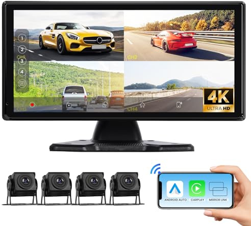 Hodozzy 4K Kit Cámara de Marcha Atrás con 4 AHD Camaras Trasera, Inalámbrico CarPlay Android Auto,10,36 Pulgadas Pantalla Táctil Monitor Bluetooth FM Grabación en Bucle, USB TF CarPlay Pantalla Coche