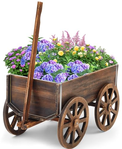 Beeveer Pflanzkasten aus Holz, Garten-Pflanzgefäß mit Wagenrädern, Blumenwagen für Balkon, dekorative Terrasse, Blumen, Kräuter, Gemüse für Innen- und Außenbereich, Braun (klassisch)