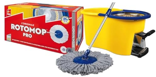 Rotomop Pro - Mocio con Secchio a Centrifuga in Acciaio INOX 18/10 | 2 Testine Lavabili (Bianco/Grigio) + Secchio Antigoccia | Pavimenti Senza Strisce, Sistema a Pedale