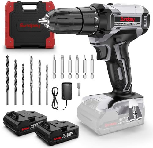 Sundpey Drill Driver Cordless Brushless - 21V Power Electric Drill Driver 2 x 2000mAh Batteries 45NM Max Combi Drills 18+1 Torque Battery Drills Cordless Screwdriver Set with 2 Speed LED Work Light