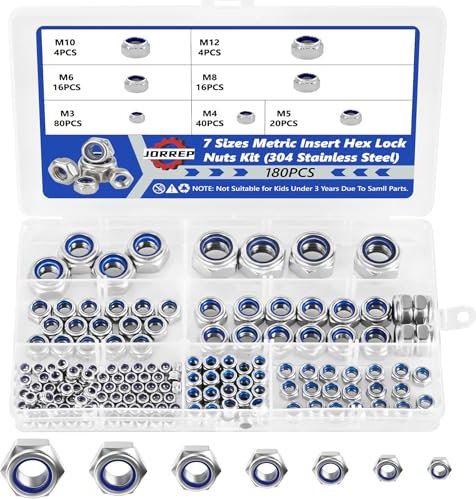 180 Stück Sechskantmuttern Sicherungsmuttern Edelstahl Muttern 7 Größe Selbstsichernd Stopmuttern Sechskant Schraubenmuttern M3 M4 M5 M6 M8 M10 M12