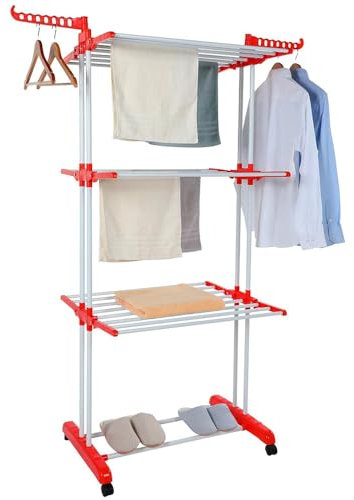 PALUPLUS Stendibiancheria a Torre da Pavimento con Ruote colore Rosso, 3 Livelli con Supporto per Grucce, Spazio di Stenditura 30 mt, Pieghevole e Salvaspazio, Stendipanni per Interno ed Esterno -576