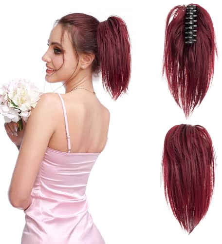 Benehair Claw Clip Messy Hair Bun Extension - Synthetic Straight Ponytail Piece in Wine Red for Women (60g)