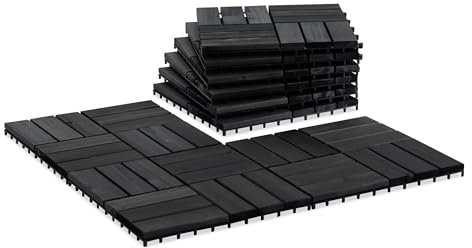 VICTORY RELAX Natural Acacia 12x12 Interlocking Wood Deck Tiles for Balcony, Garden, Patio, Poolside Decor - Waterproof Indoor & Outdoor Flooring - 12 Slats, Round Joints, Pack of 9, Black Color