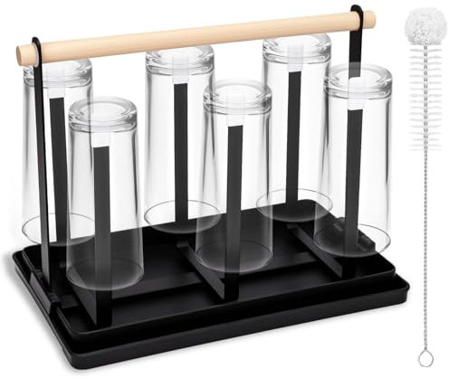 BBWELL Portabottiglie da 6​​,scolabottiglie in metallo con maniglia in legno & spazzola per pulizia,inclusa ​​vasca gocciolatoio nera removibile​​ per bottiglie/tazze/tazze da caffè