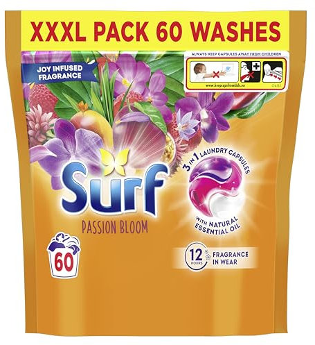 Surf 3 in 1 Passion Bloom Laundry Washing Detergent Capsules joy-infused fragrance with natural essential oil lasting up to 12 hours in wear for brilliantly clean results 60 washes