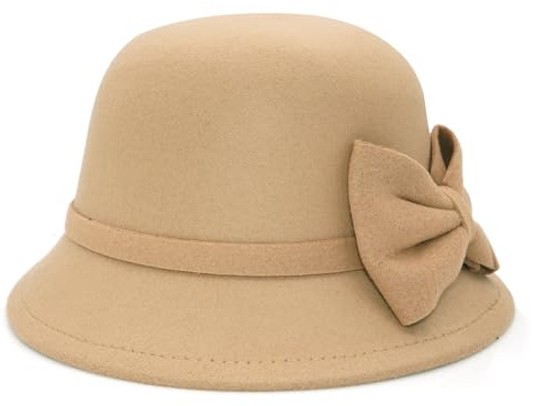 Buywis Damen Filz Cloche Bowler Hut mit Schleife Fedora Bucket Hat 1920er Vintage Derby Kirchen Hüte, beige, Einheitsgröße
