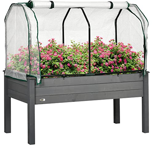Outsunny Raised Garden Bed with PE Greenhouse Cover, Outdoor Elevated Wood Planter Box for Herbs and Vegetables, Use for Patio, Garden, Balcony, 121 x 55 x 117cm, Dark Grey
