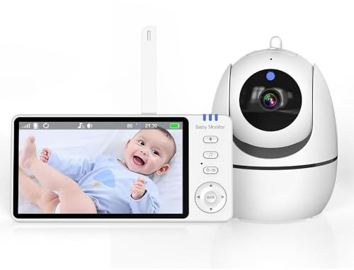 Jowue - Cámara de bebé (5 pulgadas, 1280 x 720P HD), babero sin WiFi, audio bidireccional, compatible con bebé/animales, pantalla de visión nocturna, sensor de temperatura VOX, color blanco