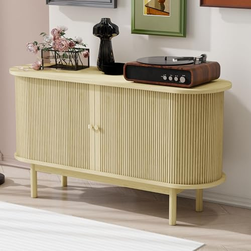 BTM Retro Modernes Holz Sideboard, Lamellen Schrank Sideboard mit Schiebetüren und Kiefernholzbeinen, 138cm Schrank mit verstellbaren Einlegeböden fur Esszimmer, Küche, Flur, Naturholz