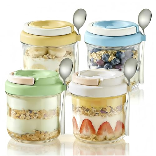 4 Pack Overnight Oats Jars, Overnight Oats Container with Lid and Spoon, Airtight Breakfast Jar, 14 Oz Glass Porridge Container to Go for oat, Pudding, Milk, Cereal, Fruit, Yogurt, Salad, Vegetable