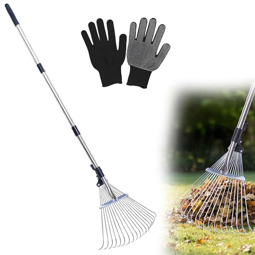 Frusta per fogliame, con asta in metallo regolabile da 207 cm, rinforzata, 18 denti e guanti, rastrello da giardino, rastrello per foglie, rotture in metallo, per la pulizia di piante, prati e cortili