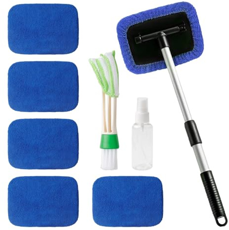 Juego de 9 limpiadores interiores de parabrisas de coche, limpiador de parabrisas interior con 6 almohadillas de microfibra y botellas de spray, limpiador de ventanas de coche con mango telescópico y