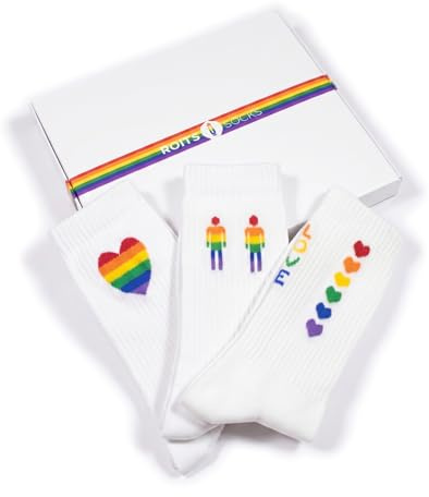 Roits 3-pack Pridestrumpor i Presentbox - Vita Sportstrumpor Unisex Bomull med Regnbåge HBTQ-design - Accessoarer för Herr och Dam - Tillverkade i Spanien