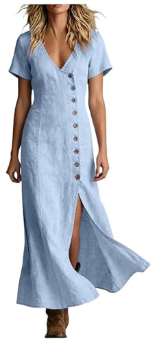Robe Femme longue mi longue coton lin jean été col V manches courtes 3/4 longues sans manches volants boutonnée fente latérale couleur unie bohème rétro chic élégante ample grande taille pour