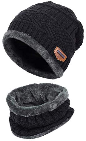 HIDARLING Kids Winter Hat Scarf Set - Warm Thermal Knitted Beanie Cap Snood Neck Warmer Outdoor Sports Soft Fleece Lining Elastic for Children Boys Girls Aged 5-10 (Black)