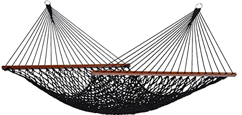 Tropilex Rope Familien-Hängematte in Schwarz mit Spreizstangen - Handgefertigte, geflochtene und wetterbeständige Netz-Hängematte - 210x140 cm, Belastbar bis 200 kg - Perfekt für Garten und Camping