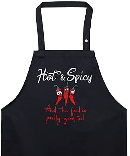 EXPRESS-STICKEREI Delantal cocina hombres con humor: HOT&SPICY and the food is good too Ajustable, con bolsillo, regalo de cumpleaños para el maestro parrillero