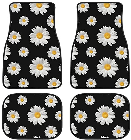 Daisy Car Floor Mats Set of 4,Daisy Print Flowers Design Black Vehicle Front Rear Carpets Mats Floral Decor Car Floor Carpets Rugs Non-Slip Auto Car Accessories Universal Fit for Car SUV Van Truck
