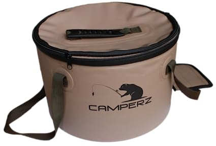 CAMPERZ Faltbarer Eimer, Faltschüssel für Angeln, Gartenarbeit - zusammenklappbarer Falteimer, Wassereimer, Angel Eimer mit Deckel und Reißverschluss 15 Liter (Braun, 15 Liter)