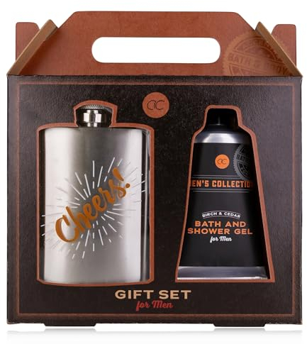 Accentra MEN'S COLLECTION Set de regalo para hombre, petaca de acero inoxidable y gel de baño y gel de ducha de 60ml en caja regalo de papel kraft, marrón - negro