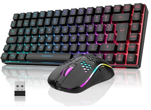 RedThunder 75% Teclado Inalámbrico Gaming,Retroiluminación RGB,Ratón Celular Ligero de 3200 dpi,Teclado Ultra-Compacto 85 Teclas Anti-ghosting,Disposición ES,para PC/PS5/Xbox