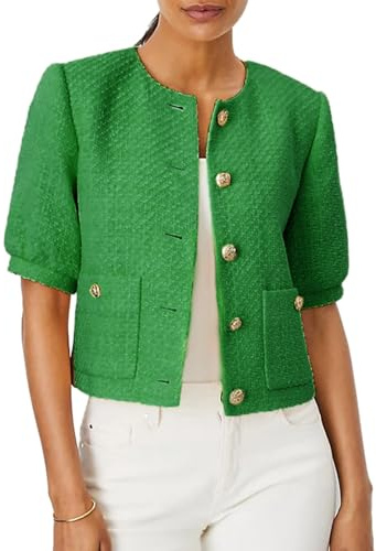 LifeShe Puff Short Sleeve Tweed Jacket Women Cropped Jackets Summer Open Front Office Work Blazer Coat