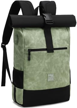 EverVanz Rolltop Laptop Rucksack -Tagesrucksack aus Leder und Polyester -Groß Rucksack Mit USB Ladeanschluss - Schulrucksack mit Laptopfach17 Zoll - Wasserabweisend Backpack für Damen & Herren