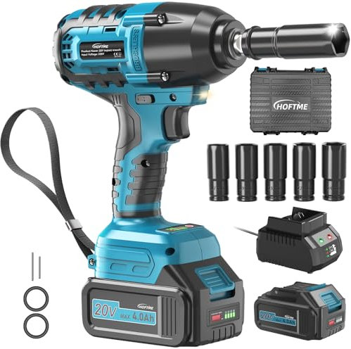 HOFTME Cordless Brushless Impact Wrench - 1/2 Max Chuck, 516 ft-lbs (700N.m), 20V/4.0Ah Battery, 3300 RPM, Blue, with 5 Sockets and Quick Charger