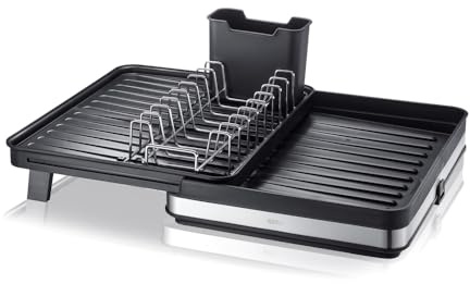 GEFU Abtropfgestell SMARTLINE | Flexibles Geschirrabtropfgestell ausziehbar mit Besteckkorb & Wasserablauf | Für Küche, Camping, Spülbecken | Edelstahl & Kunststoff | Spülmaschinengeeignet