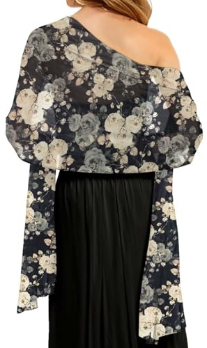 Sciarpe e sciarpe da donna in chiffon per abito da sera elegante da sposa, Nero Fiore Bianco, Taglia unica