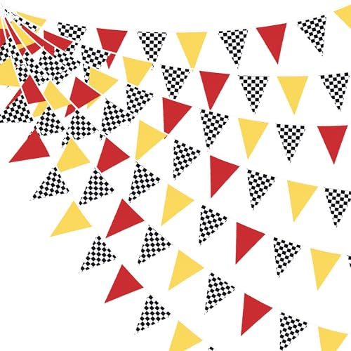 32Ft Red Yellow Black White Checkered Race Car Fabric Bunting Banner Racing Car Party Decorations Triangle Flag Pennant Garland Streamers for Kids Birthday Baby Shower Race Theme Party Outdoor Decor