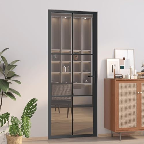 IKAYAA Puerta Interior de Vidrio EGS y Aluminio, Puerta de Cristal con Maneta Puerta, Puerta Interior Moderna, Sólido y Seguro, 83 x 201,5 cm, Negro y Transparente Oscuro
