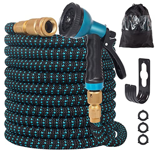Tuyau d'arrosage extensible de 15 m avec buse à 10 fonctions, noyau en latex à 4 couches, raccords en laiton massif pour jardin, lavage de voiture et utilisation domestique (rangement facile)