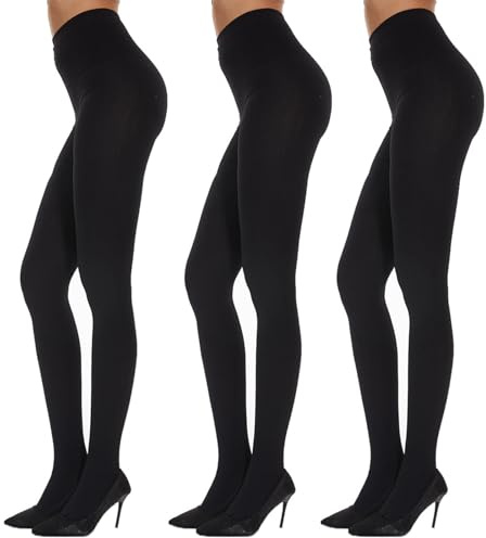 KIKAWORD 3 Pairs Fleece Lined Tights Women,150D Thick Tights for Women,Black Footed Thermal Warm,Denier Warm Thermal Tight,150g Per Pair