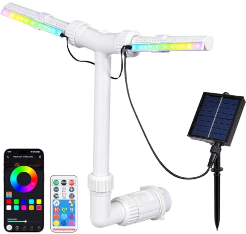 Fontana solare per piscina con luci, doppio spruzzatore per piscine fuori terra/interrate, APP + telecomando, 11 colori 6 modalità di illuminazione, USB e alimentazione solare per piscina, decorazione
