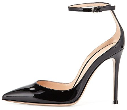 Elashe - Femmes - Escarpins - Brides de Cheville - Talon Aiguille 10CM- Cuir Brillant synthétique-Bout Pointu fermé - Noir-Verni - EU36