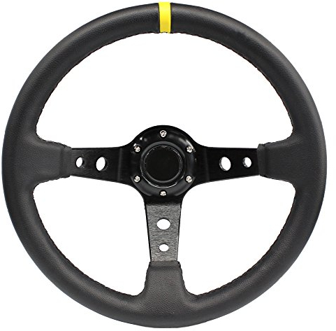 M MODAUTO Volante Deportivo Universal, Desplazado (G015-Piel Sintética-Parche Amarillo)