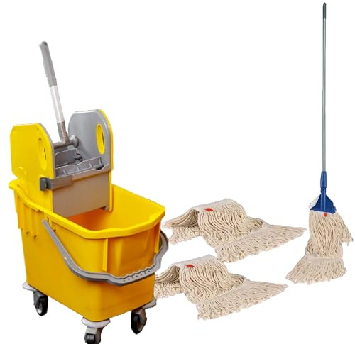Complete 25l Mop and Bucket Set by Bayersan- Full Floor Cleaning Bucket & Cleaning Bundle Kit For Household & Commercial Use - 3 X Squeeze Mop Heads (Yellow)